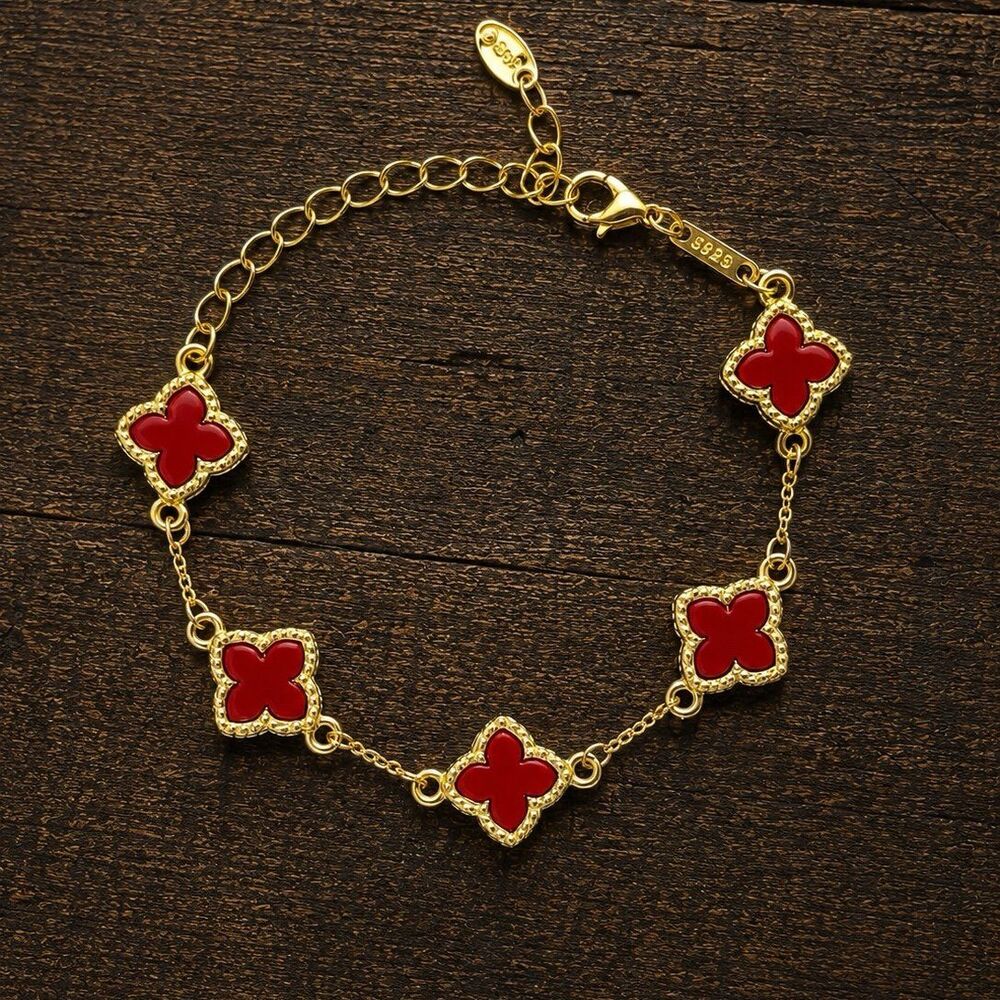 Gold Red Four Leaf Clover Bracelet Lucky Charm
